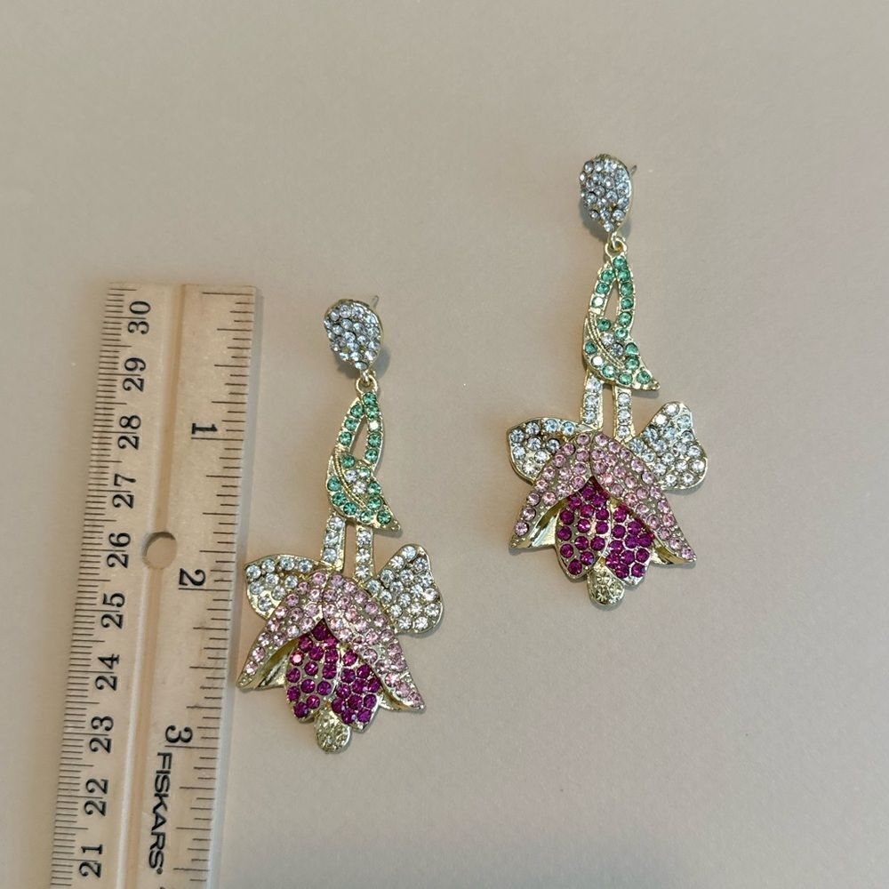 Zara Pink Green Floral Crystal Drop Earrings - Picture 4 of 4
